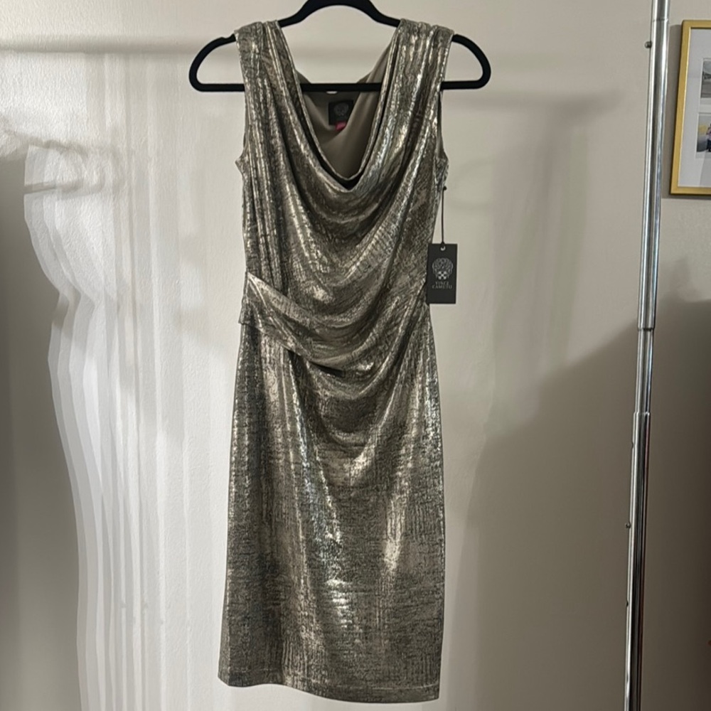 Vince Camuto NWT Metallic Gold Sleeveless Draped Cocktail Dress